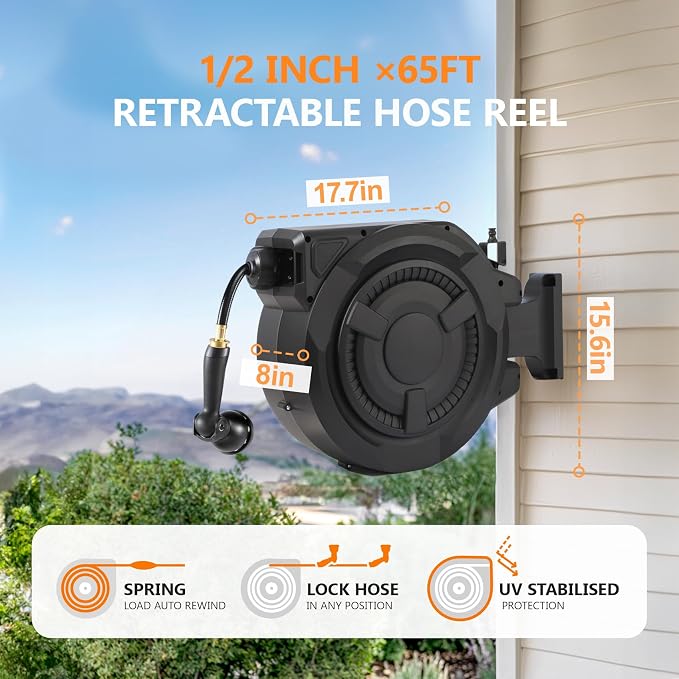 wikiwiki Retractable Garden Hose Reel 1/2 in x 65 ft, Heavy Duty Wall Mounted Hose Reel with 10- Function Sprayer Nozzle, Automatic Slow Return System/180°Swivel Bracket/UV Resistant (Black)