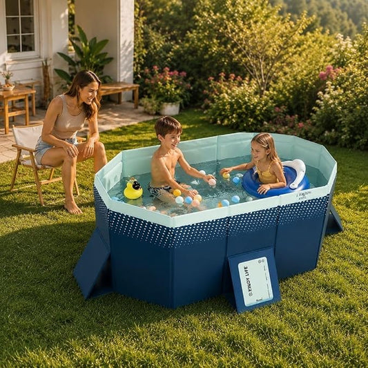 65.35-Inch Foldable Swimming Pool, Blue Non-Inflatable Rectangular Pool for 1-2 People, 4-Layer Composite PVC, Aluminum Alloy Frame, Dual Drains for Backyard Fun
