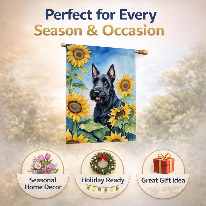 Caroline's Treasures DAC6158CHF Scottish Terrier in Sunflowers House Flag Large Porch Sleeve Pole Decorative Outside Yard Banner Artwork Wall Hanging, Polyester, House Size, Multicolor