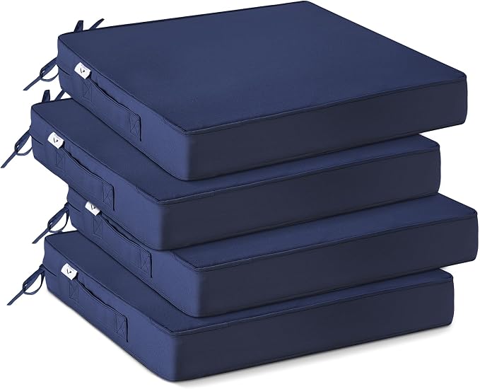IPYNBAP Outdoor Chair Cushions Set of 4 -Waterproof Outdoor Seat Cushions for Patio Furniture, Patio Chair Cushion with Handle and Ties, Square Out Door Chair Pads,19" x 19" x 3", Navy Blue