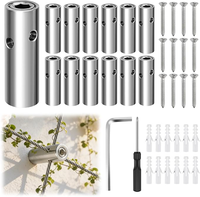 12PCS Wire Garden Trellis Kit, Kalolary T316 Stainless Steel Cylindrical Standoffs for 5/64"-1/8" Wire Rope & Rods, Wall Wire Trellis System for Climbing Plants DIY Outdoor Garden Vine Flower Wall