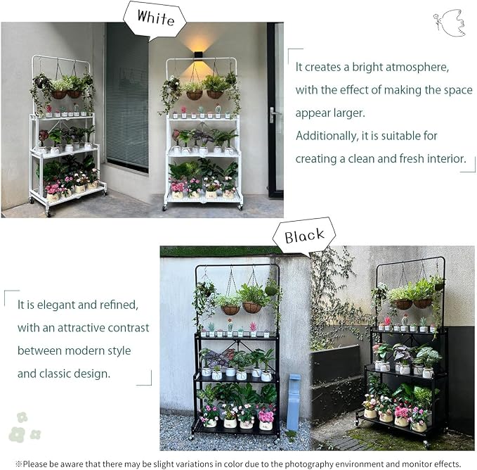 lumizone Foldable 4-Tier Plant Stand With Wheels Indoor Outdoor Black | Hanging Plant Shelf No Assembly Required Pot Placement Area Sturdy Fall Prevention Storage Shelf Flower Pot Stand