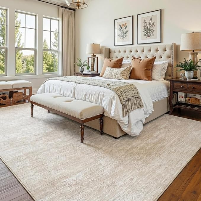 Garvee 5x7 Solid Color Washable Rug for Entryway Indoor, Beige | Modern Non Slip Backing Stain Resistant Non Shedding Foldable Low Pile Contemporary Area Rug for Bedroom Dining Room Nursery