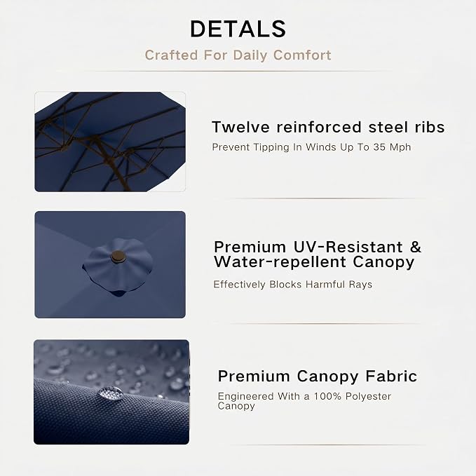 Kingdura 15ft Large Patio Umbrella with Base Included, Double-Sided Rectangle Outdoor Table Umbrella with 12 Reinforced Ribs, Crank Lift for Market Pool Deck Backyard, Navy blue