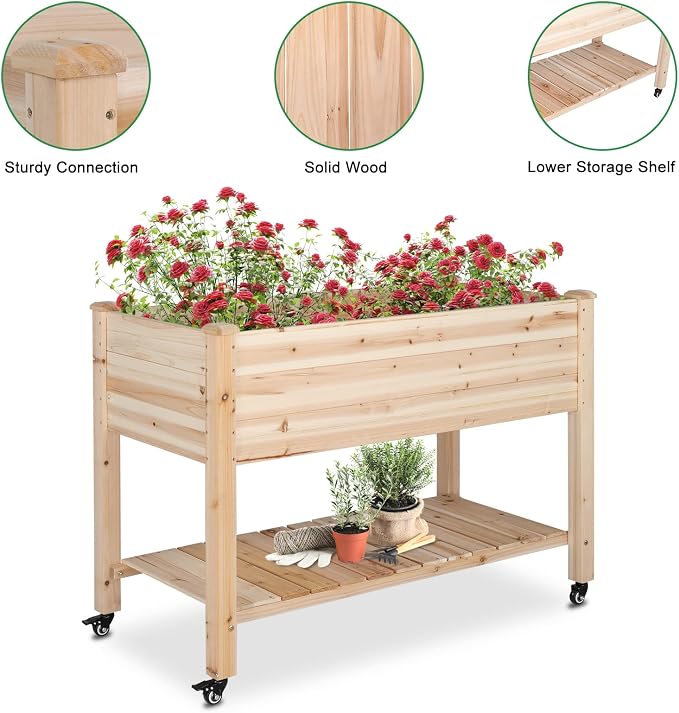 VINGLI 45.7"x22.4"x32.4" Elevated Raised Garden Bed Outdoor, Heavy Duty Wood Planter Box with Legs, Bed Liner Included, for Vegetables, Fruits, Sturdy Long Lasting Planter Box (Nuture - with Wheel)
