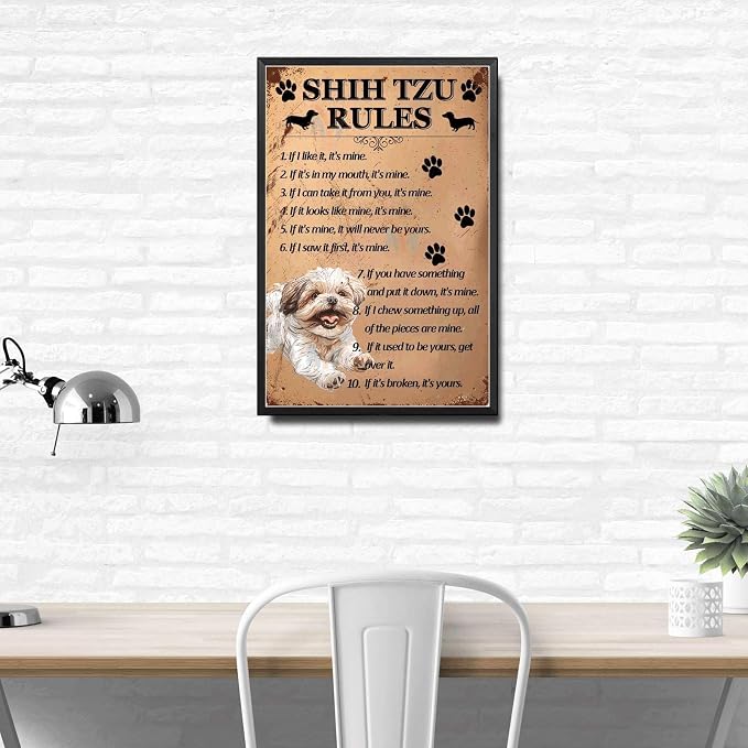 Metal Sign Tin Sign Vintage Wall Art Shih Tzu Rules Gardening Sign for Bar 6×8 Inches with Metal Frame