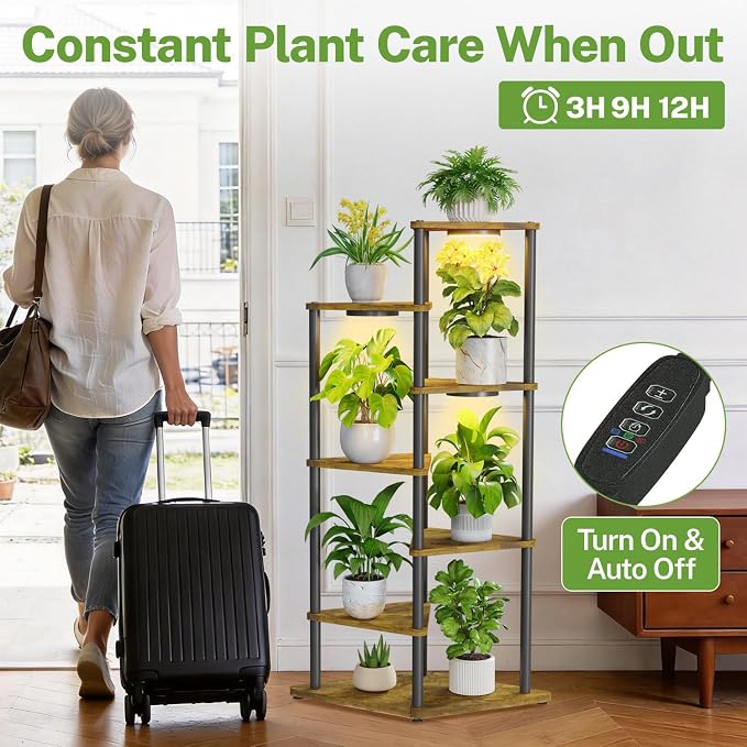 iDavosic.ly Tall Plant Stand with Grow Lights for Large & Heavy Duty Planters, 6 Tier Indoor Corner Flower Shelf with Wooden Trays & Metal Frame, Orchid Rack for Living Room Balcony, Black & Brown