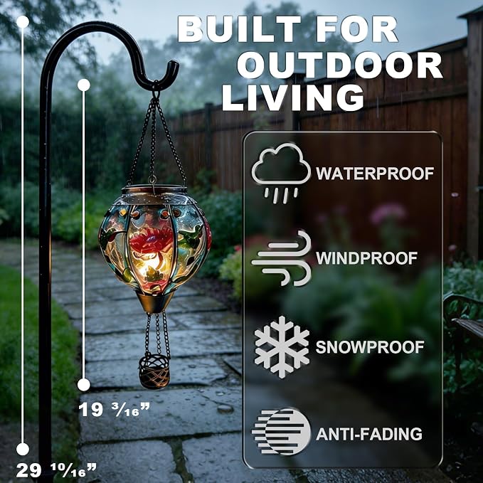 2PCS Solar Hot Air Balloon Flickering Flame Hanging Garden Light with Shepherd's Hooks, 18" H Waterproof Glass Outdoor Lantern for Yard Patio, Mother's Day Gift, Hummingbird