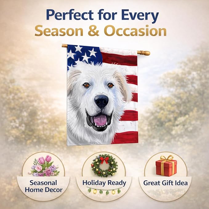 Caroline's Treasures CK6547CHF Great Pyrenees Dog American Flag House Flag Large Porch Sleeve Pole Decorative Outside Yard Banner Artwork Wall Hanging, Polyester, House Size, Multicolor