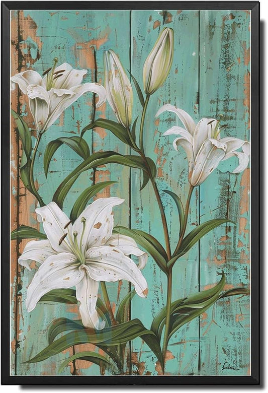 Metal Sign Tin Sign Vintage Wall Art Shabby Chic Lilies Tin Sign for Vintage Botanical Art Rustic Wall Panels and Distressed Wood Acce Signs for Garden for Bar 8×12 Inches with Metal Frame
