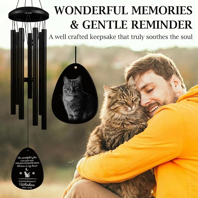 Personalized Sympathy Gift for Loss of Dog, Cat– Custom Pet Memorial Wind Chimes - Laser Engraved with Your Pet's Photo & Name – in Loving Memory, Outdoor Garden Decor