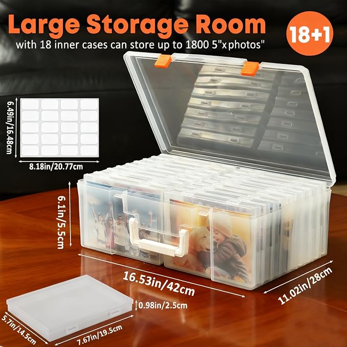 NINU Photo Storage Box with Handle, 5" x 7" Photo Organizer Storage Container with 18 Inner Case and 1 Sheet Blank Labels for Pictures, Arts, Crafts, Sewing, Seeds, Office Supplies (Clear)