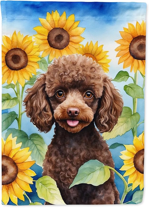 Caroline's Treasures DAC6139CHF Chocolate Poodle in Sunflowers House Flag Large Porch Sleeve Pole Decorative Outside Yard Banner Artwork Wall Hanging, Polyester, House Size, Multicolor
