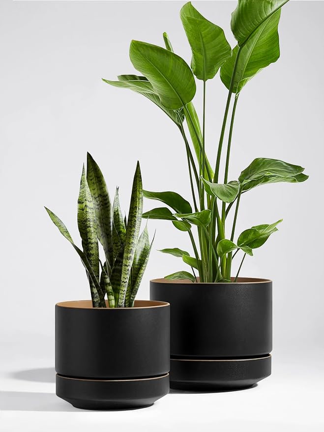 LE TAUCI 14 Inch Large Plant Pot with Saucer, Ceramic Outdoor & Indoor Big Planter with Drainage Hole, Mesh Pad Included, Matte Glazed Outside, Modern for Home and Patio, Obsidian Black & Ochre