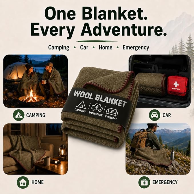 Wool Camping Blanket - 70% Wool Heavy-Duty Military Style Throw, Warm & Washable, Fire Retardant Cover for Emergency, Survival & Outdoor Use - Perfect for Camping, Car, Home & Hiking, Olive 62x84