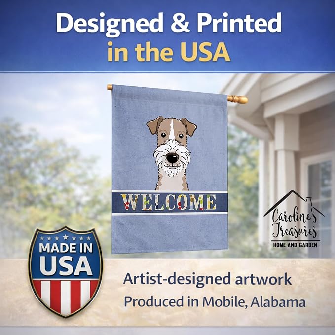 Caroline's Treasures BB1433CHF Wire Haired Fox Terrier Welcome House Flag, Blue Large Porch Sleeve Pole Decorative Outside Yard Banner Artwork Wall Hanging, Polyester, House Size, Multicolor