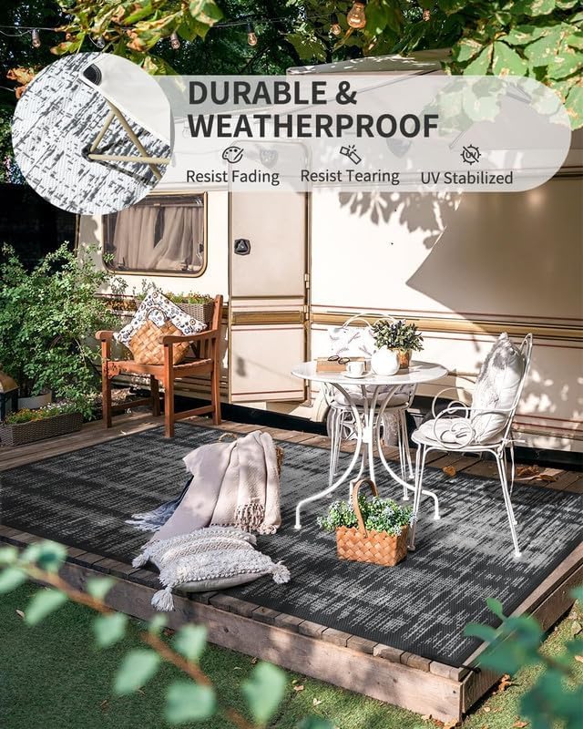 MontVoo Outdoor Rug Waterproof 6x9 ft Outdoor Carpet Patio Rug Mat Reversible RV Camping Rug Plastic Straw Outside Rug for Balcony Porch Deck Picnic Beach Modern Grey