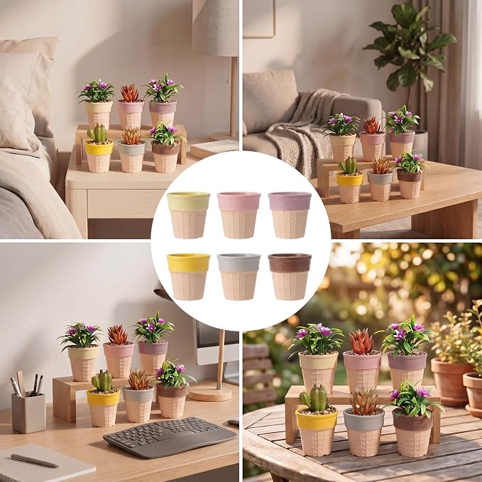 6 Pcs Ice Cream Cone Flower Planter 6 Assorted Colors 2.8 Inch Small Ceramic Pots for Mini Plant Succulent Cactus Flower Tillandsia Air Fern Home Office Desktop Decor