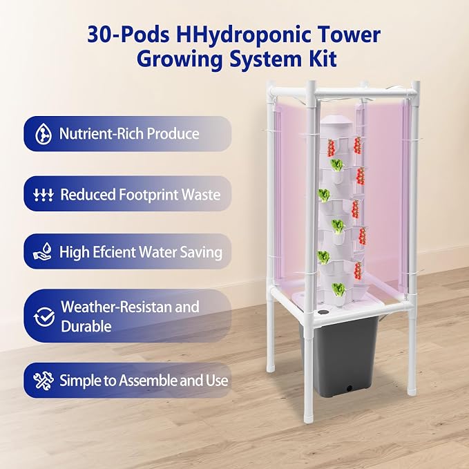 Hydroponic Tower Growing System Kits with LED Grow Lights 30 Pods Indoor Vertical Planter Germination Kit 6 Layers Hydroponic Tower for Fruits, Vegetables, Herbs, and Miniature Greens (Gray)