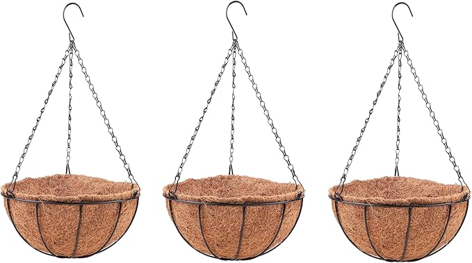LaLaGreen Hanging Baskets for Plants (3 Pack, 10 Inch) Hanging Planter Outdoor with Coco Liner, Metal Wire Flower Basket Pots Holder Hanger Hook Deck Patio Porch Garden Balcony Outside Decoration