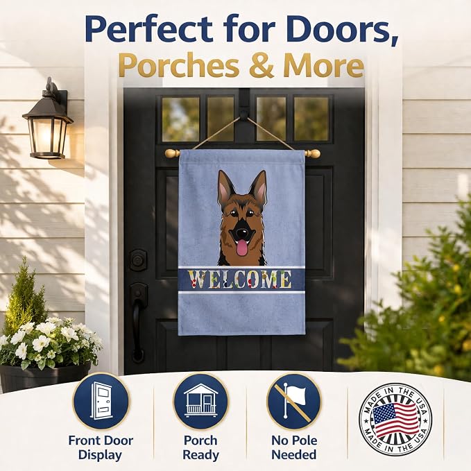 Caroline's Treasures BB1397CHF German Shepherd Welcome House Flag, Blue Large Porch Sleeve Pole Decorative Outside Yard Banner Artwork Wall Hanging, Polyester, House Size, Multicolor