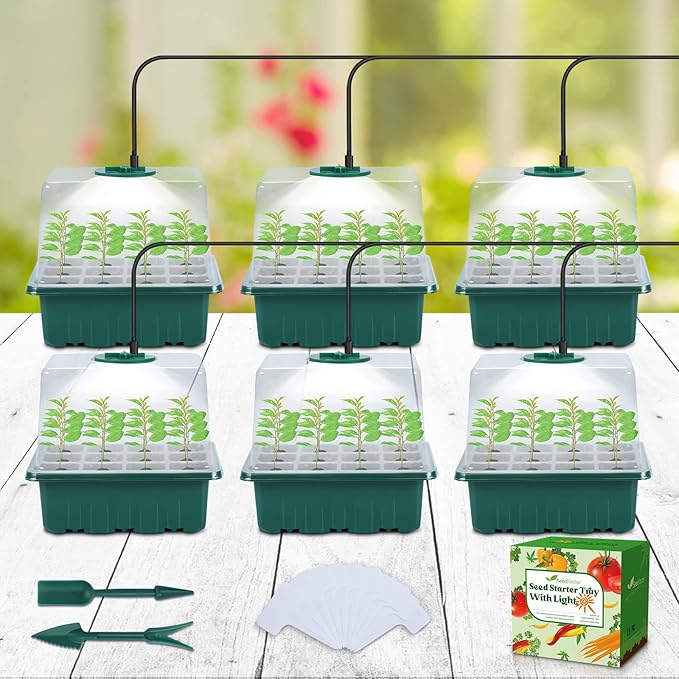 Seed Starter Tray with Light, 6PCS Seed Starter Kit with Grow Light, Seedling Starter Trays with Humidity Domes, Covers Height 3.9", Indoor Gardening Plant Germination Trays