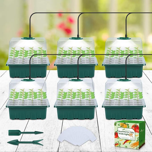 Seed Starter Tray with Light, 6PCS Seed Starter Kit with Grow Light, Seedling Starter Trays with Humidity Domes, Covers Height 3.9", Indoor Gardening Plant Germination Trays