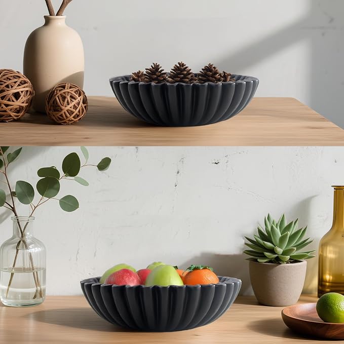 10'' Large Ruffle Decorative Fruit Bowl for Entryway Coffee Table Scalloped Purse Key Holder Kitchen Countertop Console Modern Organic Home Decor,Black