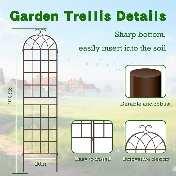 LZRS 2 Pack 83x20in Rustic Iron Arch Decoration Garden Trellis with Metal Coating – Perfect for Supporting Climbing Plants Outdoor, Roses, Vines, Flowers, and Vegetables, Brown