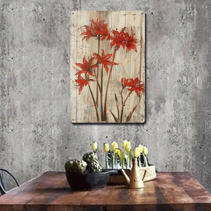 Metal Sign Tin Sign Vintage Wall Art Vintage Lycoris Wall Art Tin Sign for Rustic Charm Distressed Wood Panels and Easy to Install Alu Metal Signs Vintage for Pub 6×8 Inches