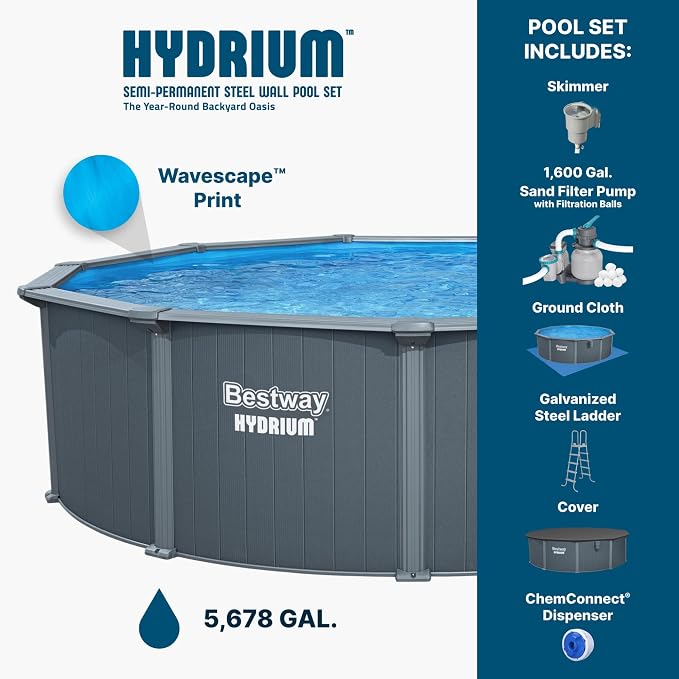 Bestway Hydrium 16' x 52" Above Ground Pool, Round Steel Side Wall Frame Outdoor Swimming Pool Set with Sand Filter Pump, Polysphere Filtration Balls, Ladder & Accessories
