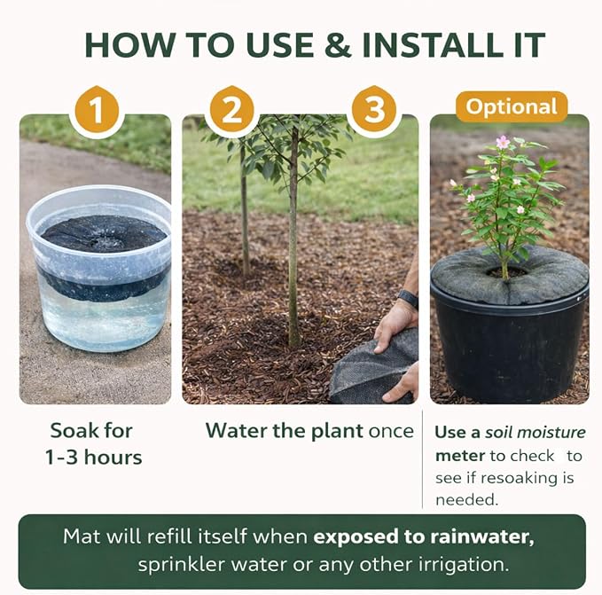 SteadySpring(R) Smart 30+Day Watering Mat Auto Refills with Rain for Tomato Plants, Peppers, Veggies, Perennials, Annuals in 1-2 Gallon Containers or with a 7 in to 10 in Root Ball (1)