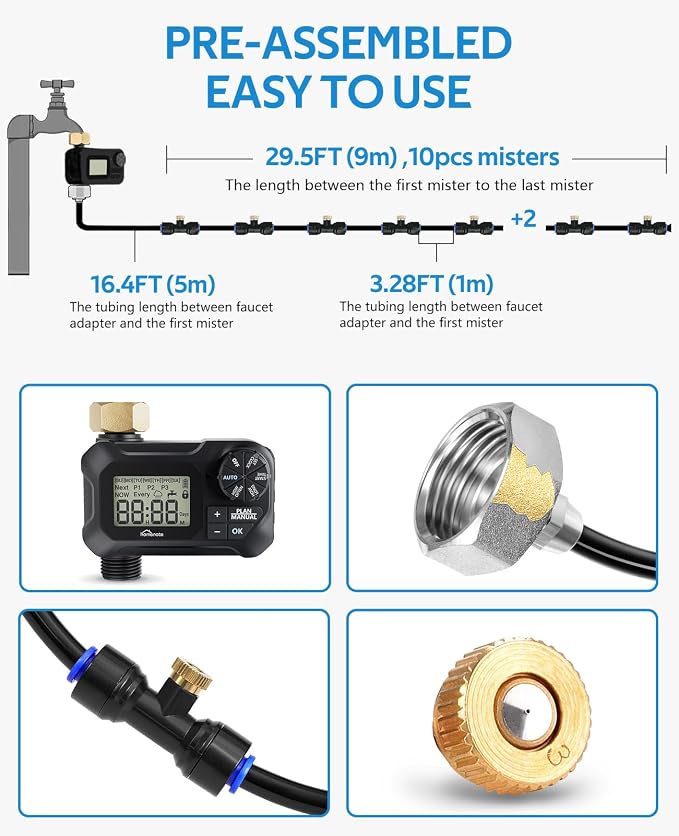 homenote Automatic Misting Cooling System with Timer, 46FT Misting Line, 10 Brass Nozzles, and 3/4" Brass Adapter for Patio Cooling and Garden Watering