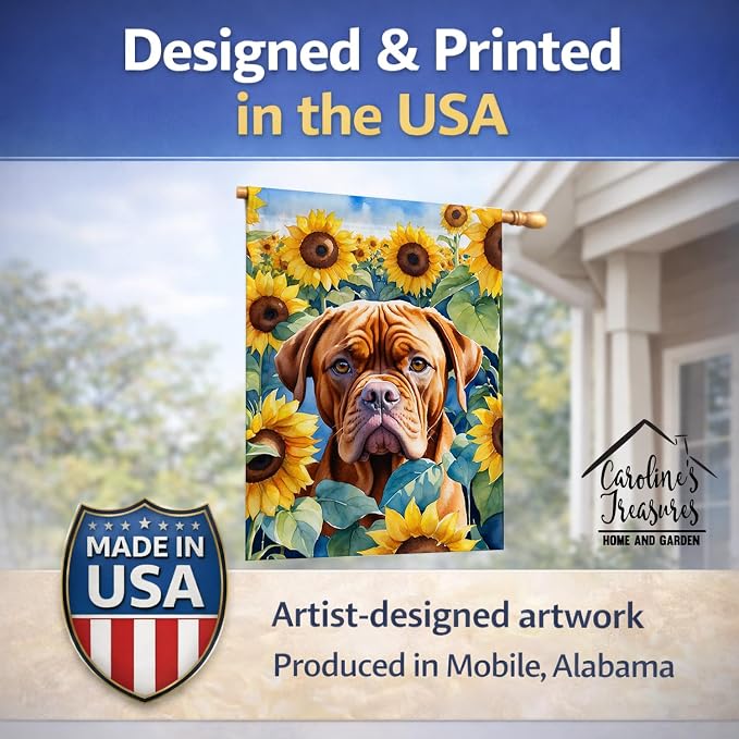 Caroline's Treasures DAC6069CHF Dogue de Bordeaux in Sunflowers House Flag Large Porch Sleeve Pole Decorative Outside Yard Banner Artwork Wall Hanging, Polyester, House Size, Multicolor