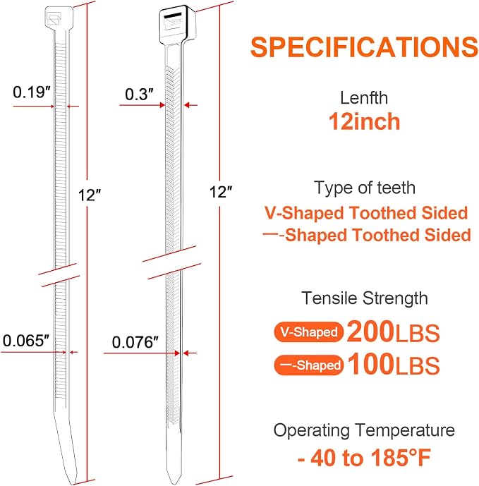 12"─-shaped & V-shaped double-sided tooth zip ties black. ─: 100lbs, V: 200lbs tensile strength. Heavy-duty, self-locking, adjustable, durable nylon ties for indoor/outdoor use. (40V+60─)