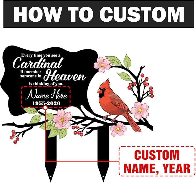 Personalized Cardinal Garden Sign with Stakes, Custom Name Sign, Flower Yard Decor Outdoor, Memorial Gift for Mom, Garden Plaque Sympathy Gifts, loss loved Ones Cardinal Sign