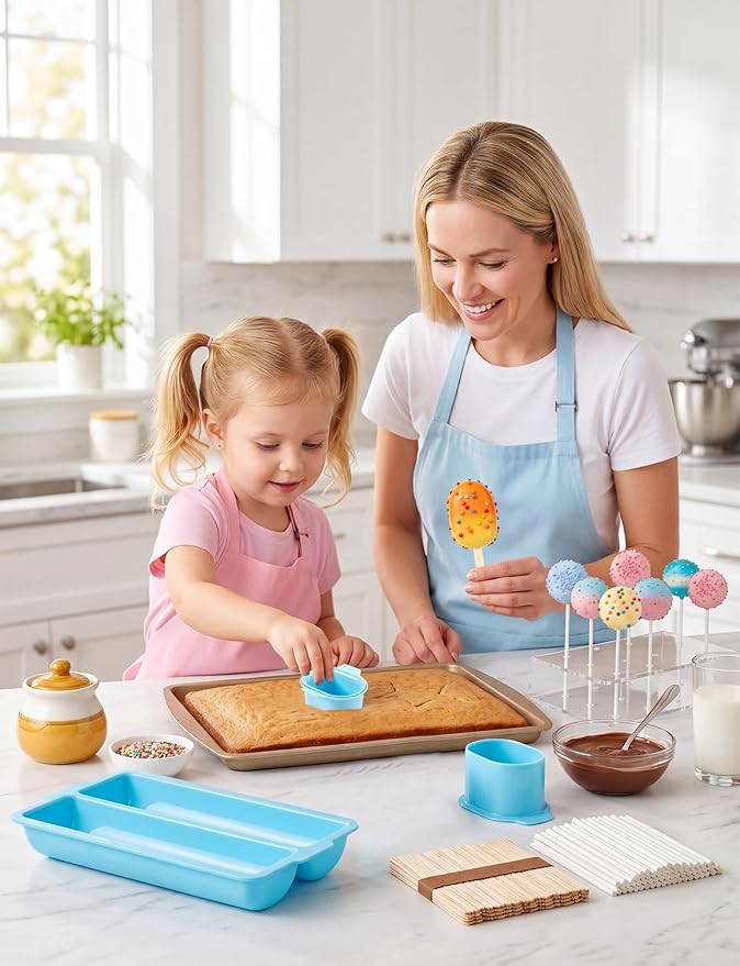 Cake Pop Mold Kit, Including Circle Cake Pop Cutter, 9 Inch DoubleTray, Cake Pop Stand, Lollipop Sticks, Clear Treat Bags and Gold Twist Ties for Home Desserts Baking Accessories, Blue