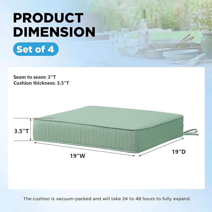19 x 19 Inch Outdoor Chair Cushions with Tie Straps, Set of 4 Thick Water Repellent Square Patio Chair Pads for Garden Lawn Patio Furniture, Ash Pinstripe Weave
