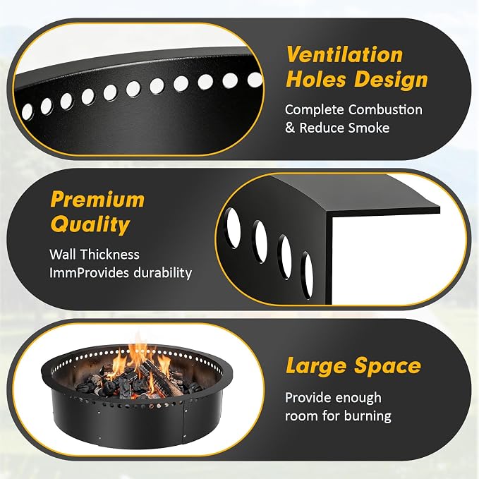 Smokeless Fire Pit Ring, 52 inch Outer/48 inch Inner Outside Fire Pit, Heavy Duty Large Solid Metal Steel Round Firepit Rim Insert for Outside Wood Burning, DIY Campfire Ring