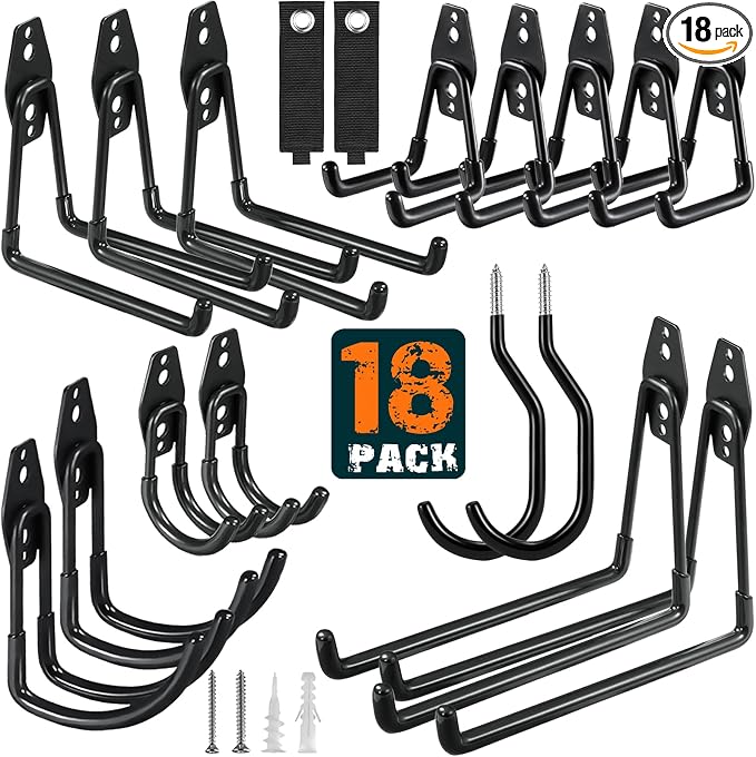 HUPBIPY 18 Pack Garage Hooks Heavy Duty Utility Steel with Anti-Slip Coating Wall Mount Storage Organizer for Hanging Power and Garden Tools, Ladders, Hose, Bikes, Ropes, Bulk Items, and More