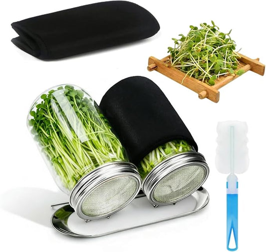 2Pack Sprouting Kit with Stainless Steel Screen Sprouting Lids, Glass Mason Jars, Light-Blocking Sleeves and Brush, Premium Reusable Sprouts Growing Kit for Organic Broccoli Alfalfa Seeds Bean Sprouts
