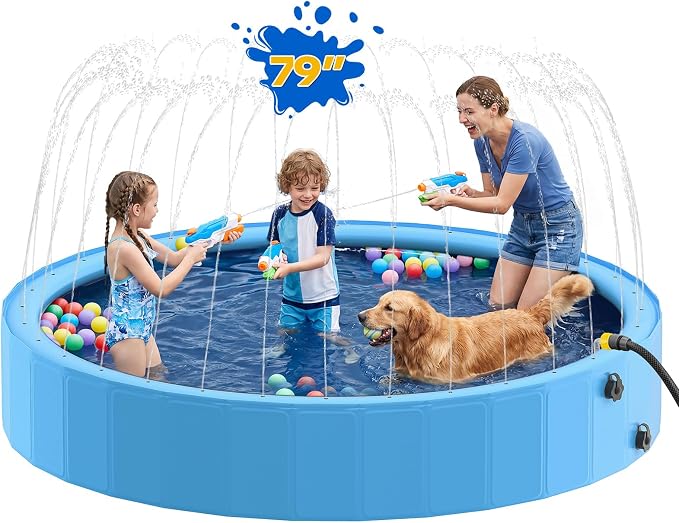 Raxurt 79" Kiddie Pool with Sprinkler, Foldable Dog Pool for Large Dogs, Non-Slip Splash Pool for Kids, Portable Pet Bathing Tub for Backyard Summer Water Play