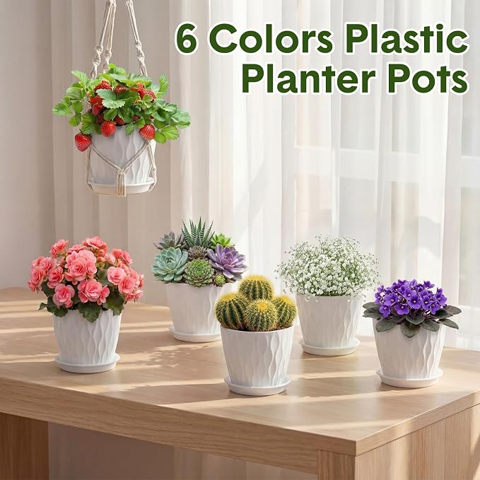 48 Pack 4 Inch Plant Pots Bulk Small Pots for Succulents Waffle Texture Plastic Planter with Drainage Holes and Saucers for Indoor Outdoor Plants Flowers, Seedlings (White)