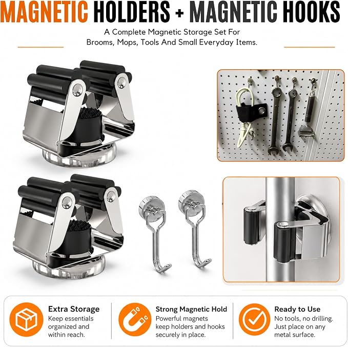 3-H Magnetic Broom Holder with Strong Magnetic Hook 16 Pack,Broom Holder Wall Mount for Garage Garden Shed Storage System Laundry Room Home Kitchen Organization,Silver