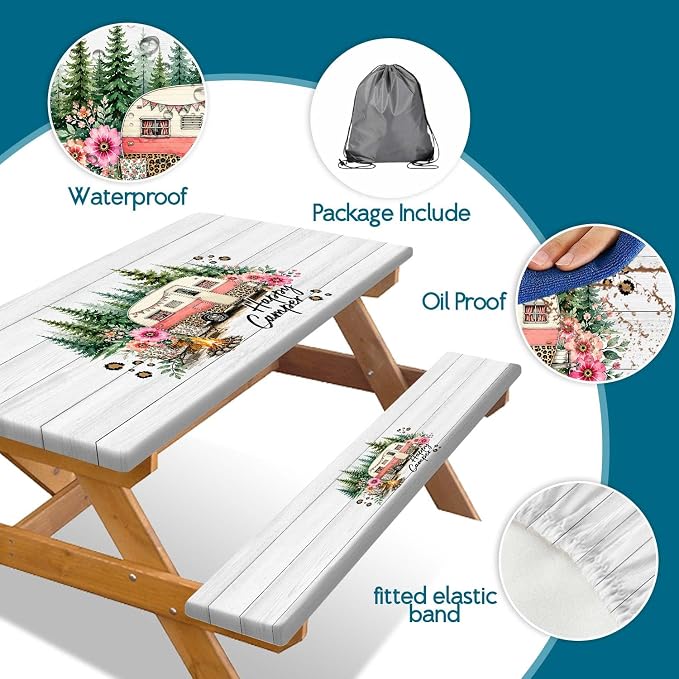 Picnic Table with Bench Covers 3 PCS Set, Pink Leopard Floral Camper Waterproof Windproof, Elastic Fitted Tablecloth with Drawstring Bag for Camping BBQ RV Trip Outdoor Party, 30X96 inch