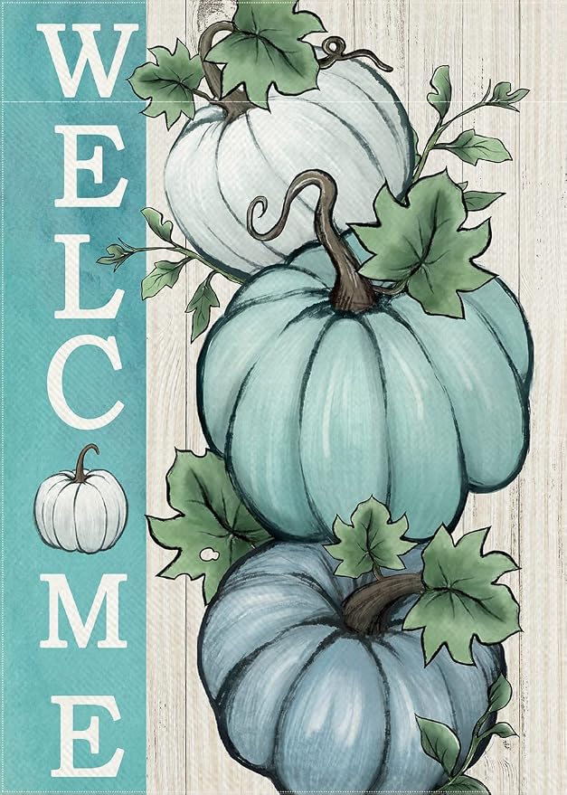 Welcome Fall Teal Blue White Pumpkins Decorative Garden Flag, Autumn Farmhouse Seasonal Yard Outside Decorations, Thanksgiving Burlap Outdoor Small Home Decor Double Sided 12 x 18