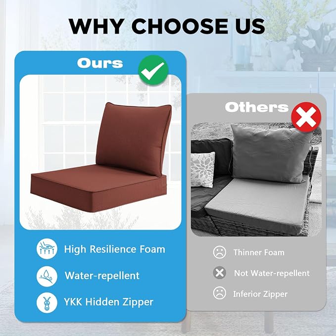 Sunbrella Outdoor Deep Seat & Back Cushion Set (2-Pack), 24 x 24 Inch Water Repellent and Fade Resistant Patio Furniture with Removable Cover for Outside Sofa Couch, Canvas Henna