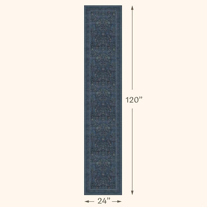 2x10 Extra Long Runner Rugs for Hallways, Non Slip Machine Washable Front Door Runner Indoor Entrance, Nature Floral Design Dark Blue Mats