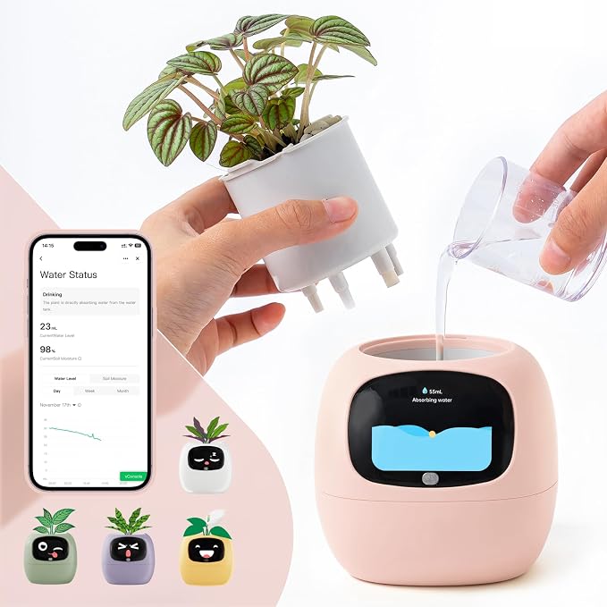 Smart Plant Pot with Visual Display – Soil Moisture, Water Level, Light & Battery Monitor, 80ml Self-Watering Reservoir, Supports 100+ Plants, Pomodoro Timer, Clock & Calendar (Blush)