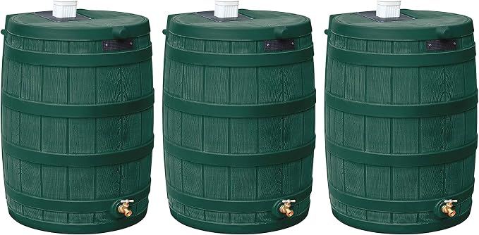 Good Ideas Rain Wizard Water Storage High Quality Collection Barrel with Brass Spigot, Safety Screen, and 50 Gallon Capacity, Green (3 Pack)
